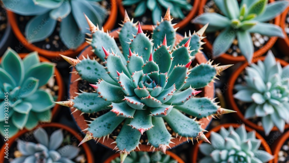 Aufkleber top view of spiky succulent plant surrounded by greenery in botanical garden featuring empty space f