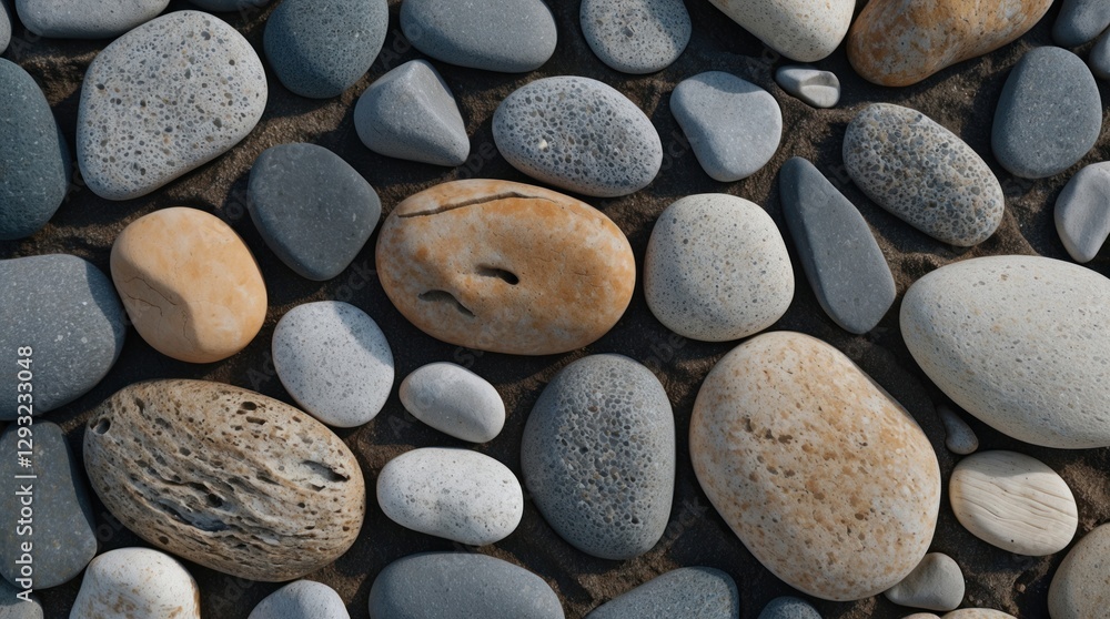 Aufkleber smooth pebbles scattered on a sandy beach creating a natural texture for backgrounds and design proj