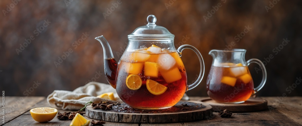 Poster refreshing iced tea with citrus fruits in a teapot and jug on rustic table with space for text or br
