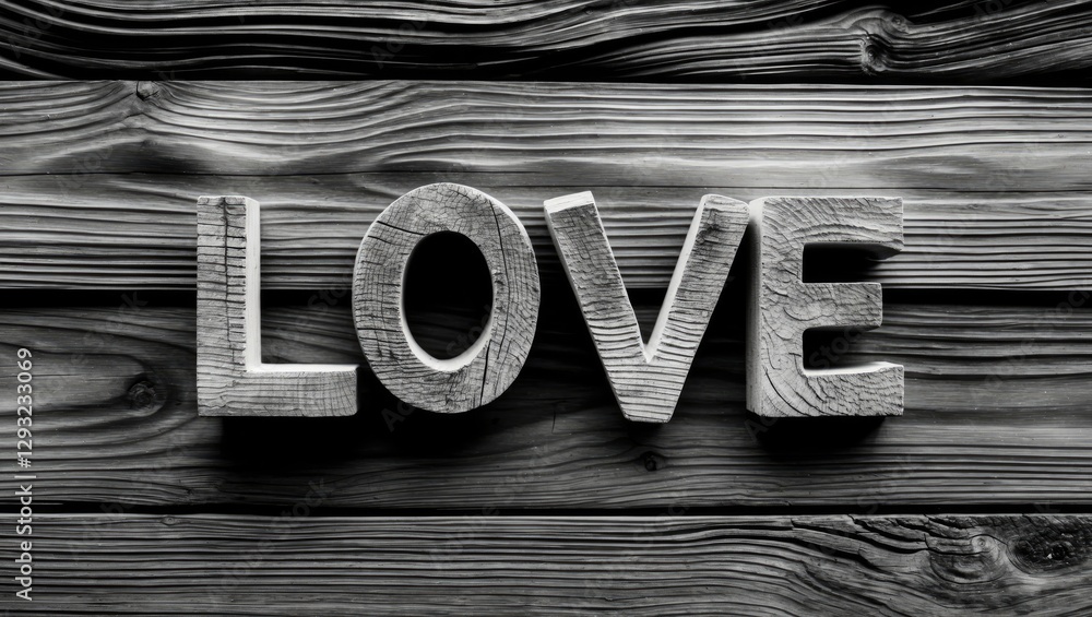 Poster wooden text art of the word love on rustic black and white wooden background with empty space for co