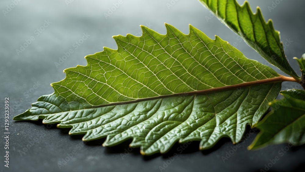 Poster close-up of a vibrant green leaf showcasing intricate textures and natural patterns on a soft dark b