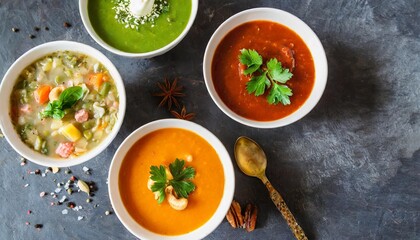 Selection of Delicious Homemade Soups &ndash; Overhead View Table Scene on a Dark Slate Banner Background &ndash; Warm and Cozy Food Concept