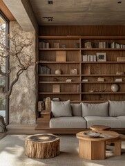 A contemporary room features a wooden bookshelf and a sofa