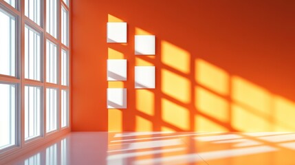 Sunny orange room, empty canvases, window light, modern interior design, home decor