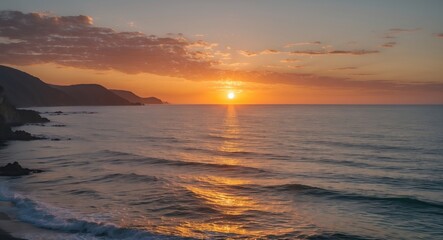 Fototapeta premium Serene Coastal Sunset Over Golden Ocean Waves With Expansive Sky And Clear Space For Text Or Messaging
