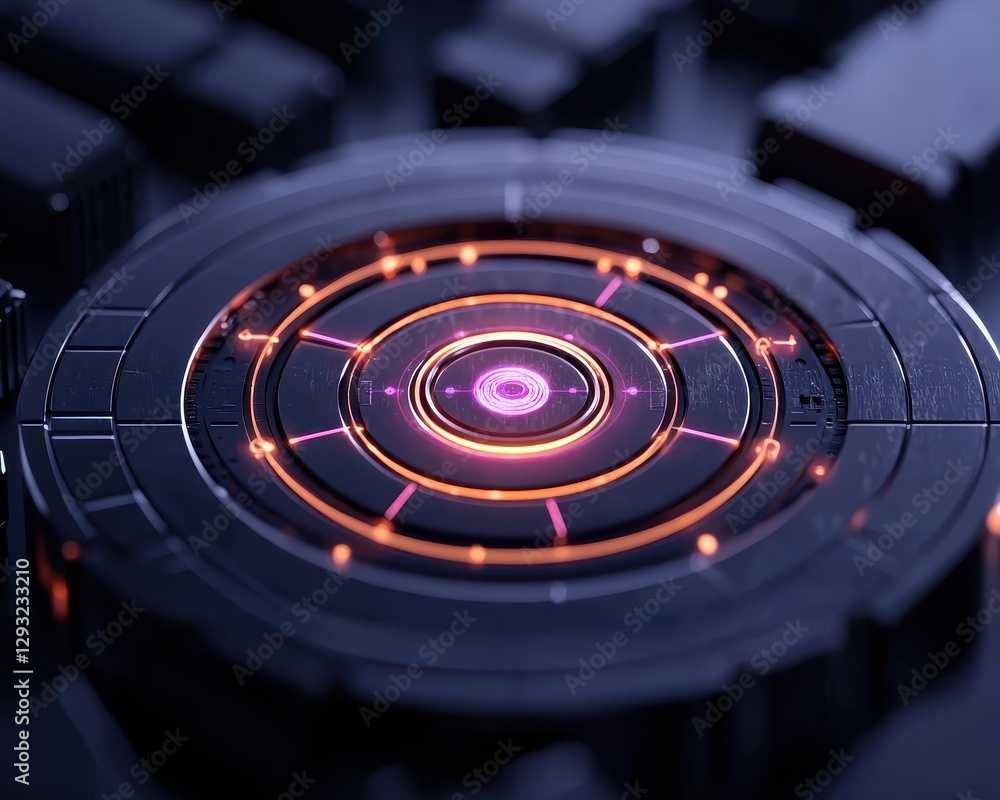Poster futuristic technology design with glowing circular elements on dark background.