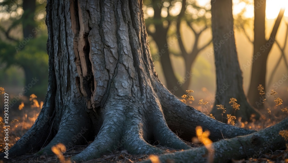 Poster majestic tree trunk with rough texture illuminated by morning light creating a serene natural atmosp