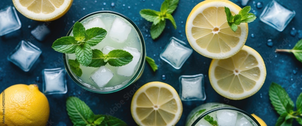 Poster refreshing summer lemonade with mint and ice garnish surrounded by fresh lemon slices and ice cubes 