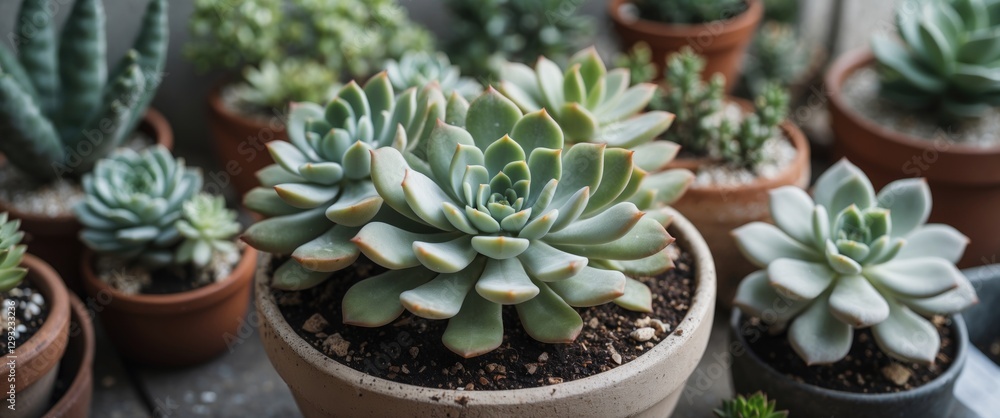 Poster succulent plants in pots with natural background and space for text displaying greenery and calmness
