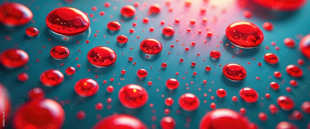 Poster close-up of vibrant red droplets on a smooth glass surface creating an abstract pattern against a so