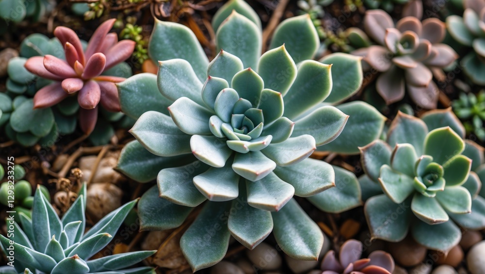 Poster succulent plant collection in natural setting vibrant textures and shapes with space for custom text