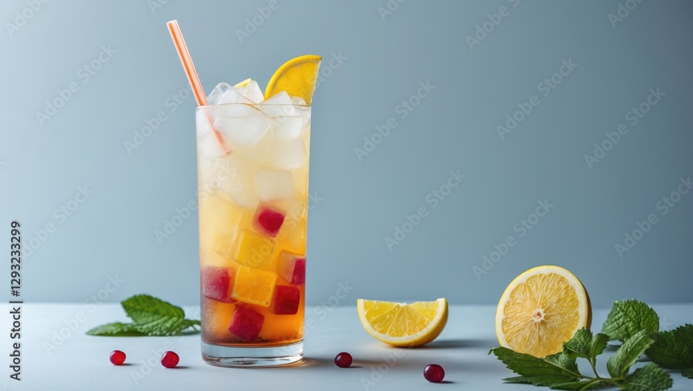 Poster refreshing summer iced drink in tall glass with citrus garnish and ice on soft blue background with 