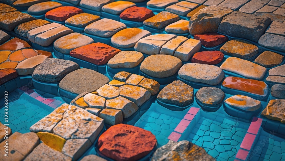 Poster textured colorful stone tiles in a pool reflecting light creating an artistic and inviting atmospher