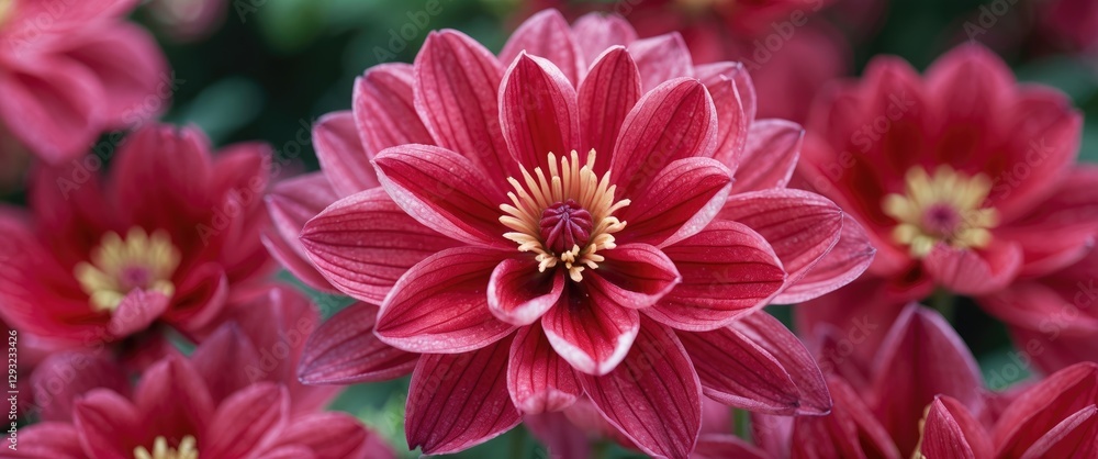 Poster Macro shot of a vibrant red flower bloom with intricate petals and plenty of empty space for text or graphics in the background.