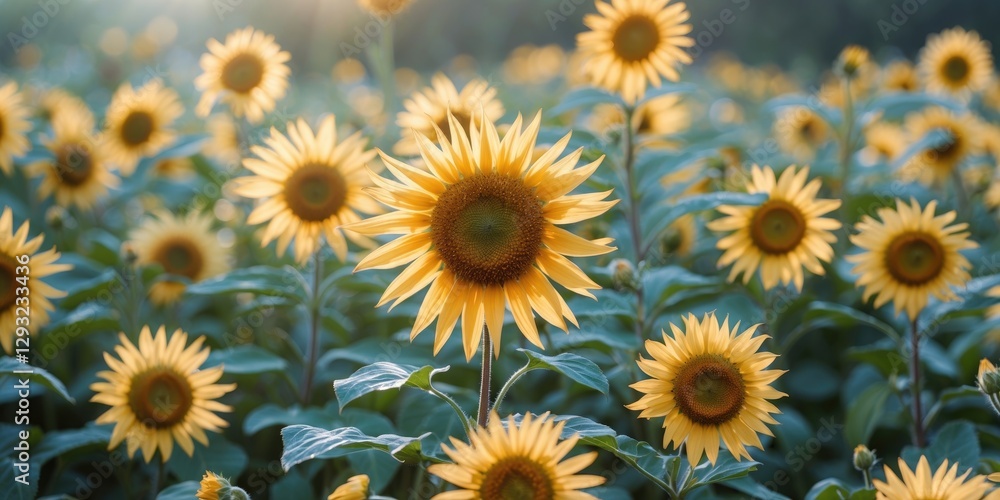 Poster vibrant sunflower field with soft focus and ample copy space for text or graphics in a natural setti