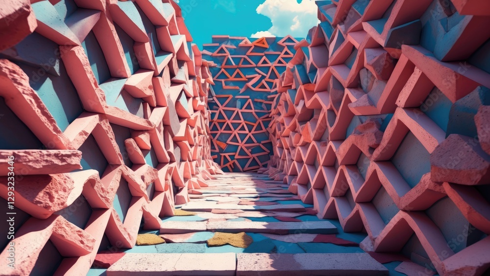 Poster colorful geometric wall design using triangular bricks creating a stunning visual corridor with vibr