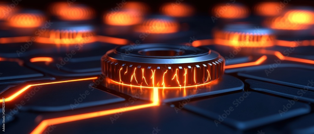 Poster futuristic technology with glowing circuits and intricate patterns.