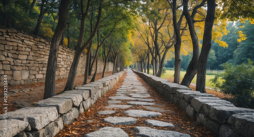 Aufkleber scenic stone pathway framed by autumn trees with clear space for text use