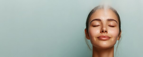 A serene woman enjoys a refreshing facial mist, promoting relaxation and skincare on a calming background.