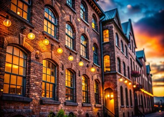 Fototapeta premium Old Brick Stone Building with Bokeh Window Lights - Vintage Architecture Stock Photo