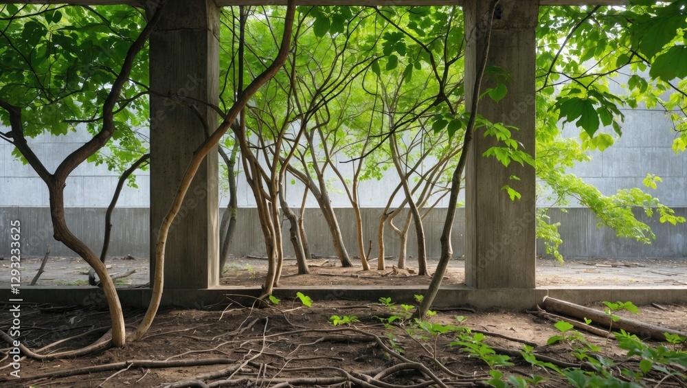 Poster rustic nature scene with tree branches embracing concrete support columns against a subtle backgroun