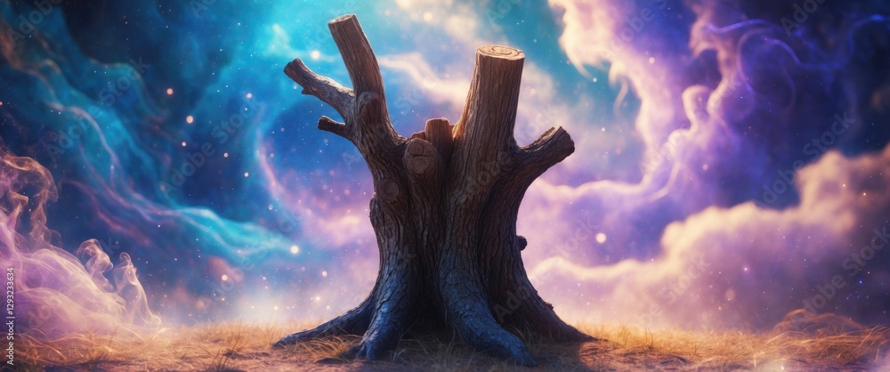 Poster Ethereal tree stump surrounded by a colorful cosmic background with swirling clouds and soft lighting in a magical landscape setting.