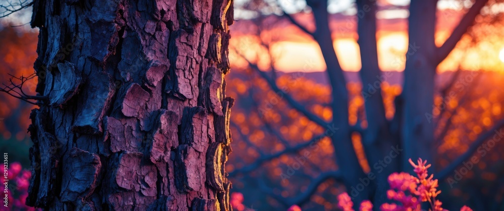 Aufkleber tree bark texture illuminated by a vibrant sunset with blurred background of trees and blooming flow