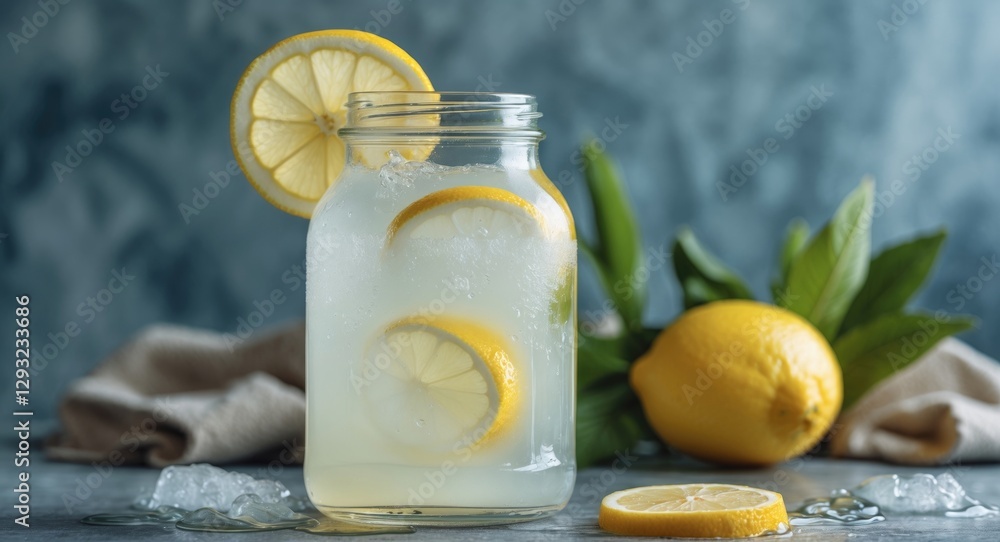 Poster refreshing lemonade drink in glass jar with lemon slices and ice on rustic background ideal for summ