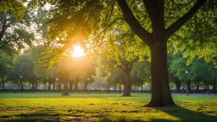 Fototapeta premium Serene summer park scene with sunlight filtering through lush green trees illuminating a peaceful grassy landscape