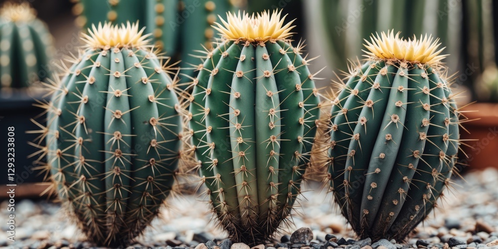 Poster three thorny cacti clustered together with generous blank space for text overlay and natural backgro