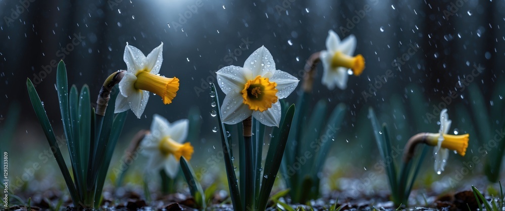 Poster Delicate Daffodils Glimmering with Raindrops in a Dark Forest Setting Featuring Copy Space for Text Usage and Spring Vibes