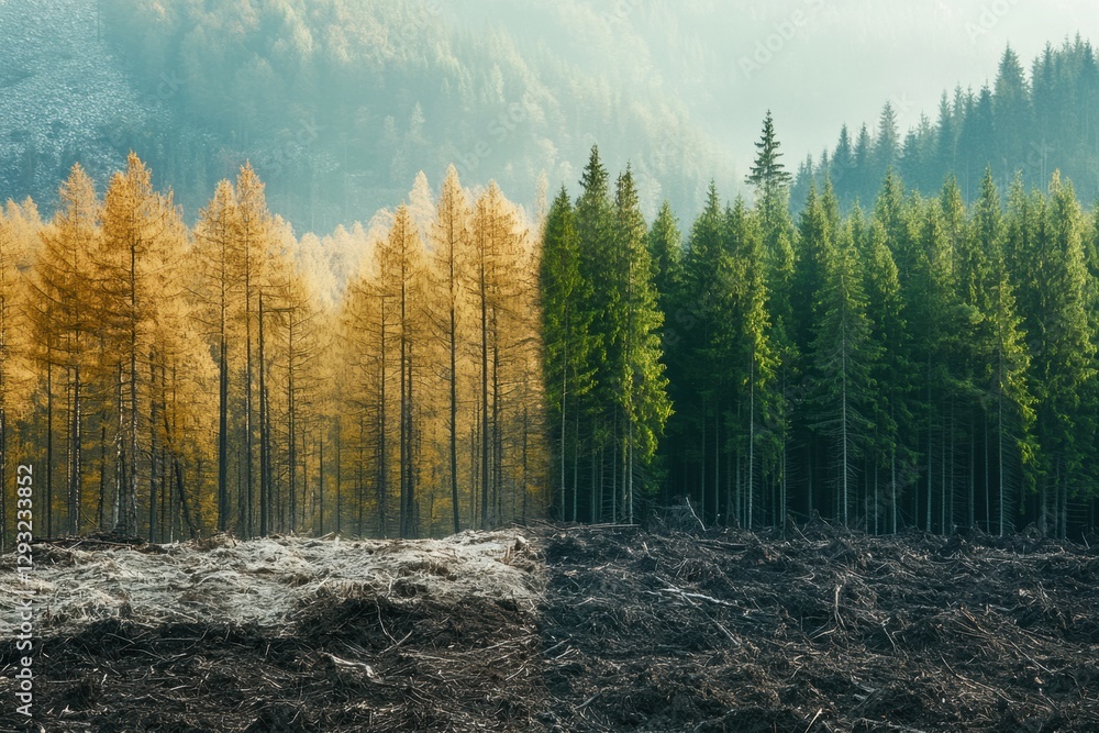 Poster deforestation versus conservation highlighted in contrasting forest landscapes. generative ai