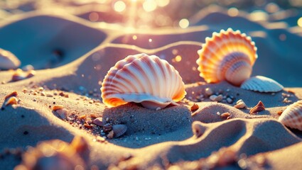 Seashells on sunlit beach sand creating a serene summer atmosphere and emphasizing nature's beauty in a tranquil coastal setting.