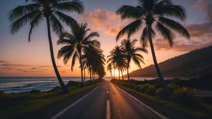 Naklejka premium Tropical Road with Silhouetted Palm Trees at Sunset Near Beach and Hills in a Serene Coastal Landscape