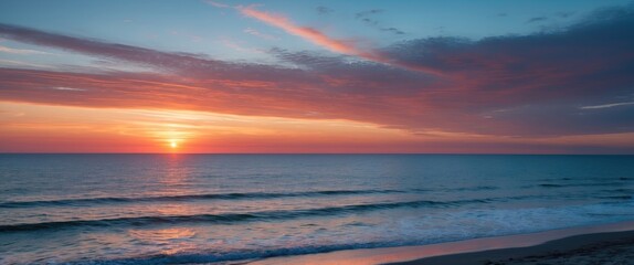 Fototapeta premium Serene Beach Sunset Over Calm Sea With Colorful Sky And Space For Text Promotion