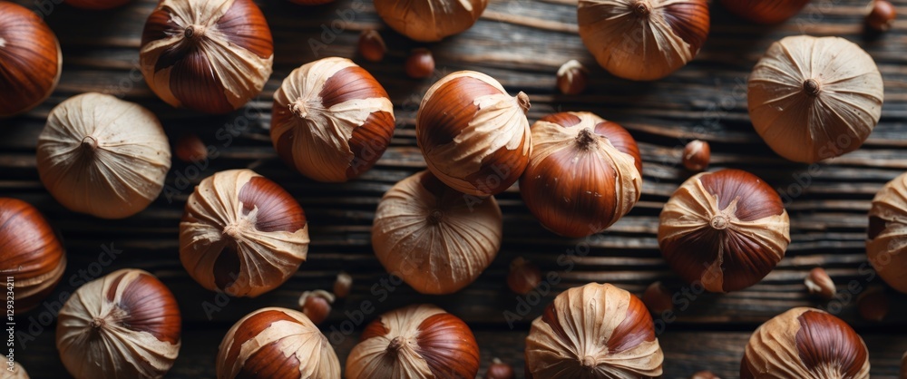 Poster top view of assorted hazelnuts on rustic wooden surface showcasing natural textures and colors in a 