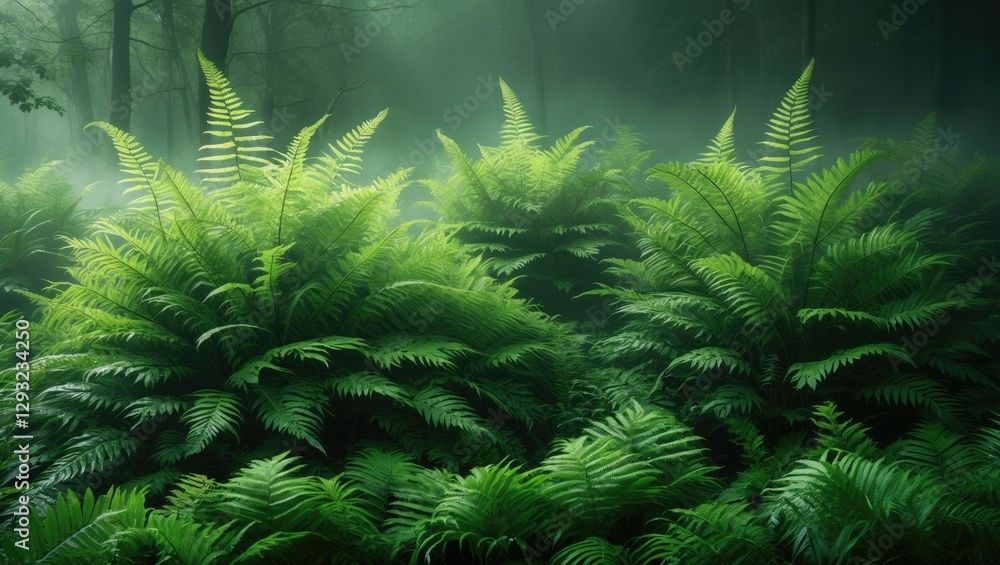 Poster lush green ferns in a misty forest creating intricate patterns with soft light illuminating a serene