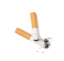 Two cigarette butts isolated on white, top view. Smoking habit