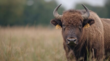 European Bison in Meadow, Wildlife Portrait, Autumn Scene, Potential Stock Photo