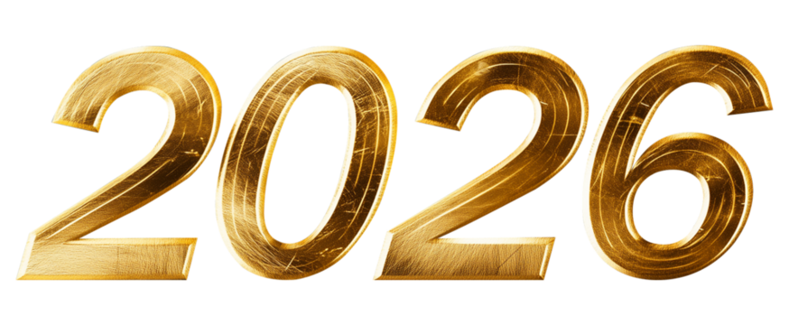 Golden 2026 number isolated on a transparent background, featuring a sleek and modern design for a striking new year 2026 celebration, High quality PNG image
