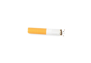 One cigarette butt isolated on white, top view. Smoking habit