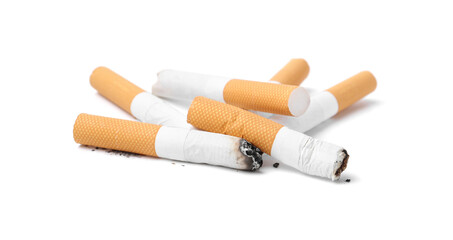 Many cigarette butts isolated on white. Smoking habit