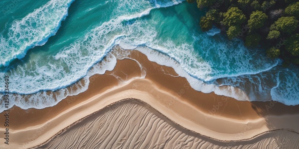 Poster aerial view of serene sandy beach with turquoise waves and lush green trees perfect for relaxation a