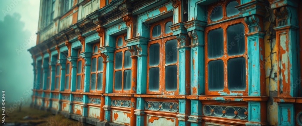 Aufkleber vintage architecture featuring faded retro windows on a weathered building with a colorful distresse