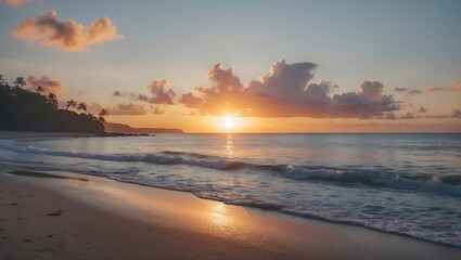 Fototapeta premium Tranquil Sunrise Over Serene Beach with Gentle Waves and Space for Inspirational Text or Quotes