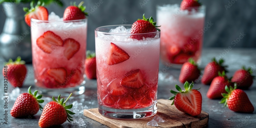 Poster refreshing strawberry drink in glasses with fresh fruit on a rustic surface and space for text ideal
