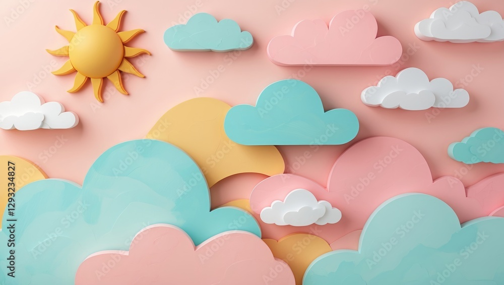 Poster pastel colored sun and cloud background with playful shapes creating a cheerful and whimsical atmosp