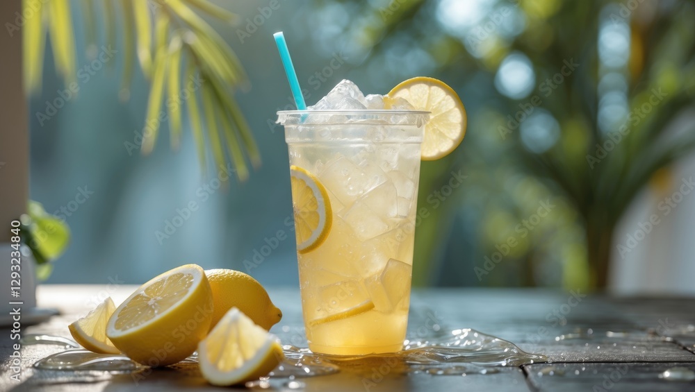 Poster refreshing lemonade drink in clear cup surrounded by fresh lemon slices and ice with vibrant green b