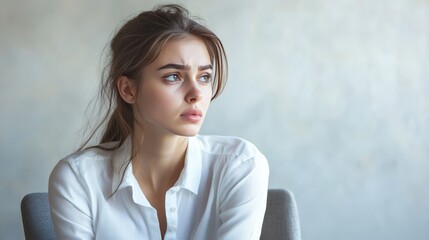 Fototapeta premium A stressed young businesswoman sits on a chair, her face filled with concern. She wears a simple white shirt and gazes off to the side, lost in thought.