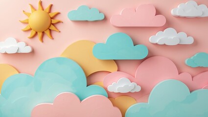 Obraz premium Pastel colored sun and cloud background with playful shapes creating a cheerful and whimsical atmosphere suitable for various designs.